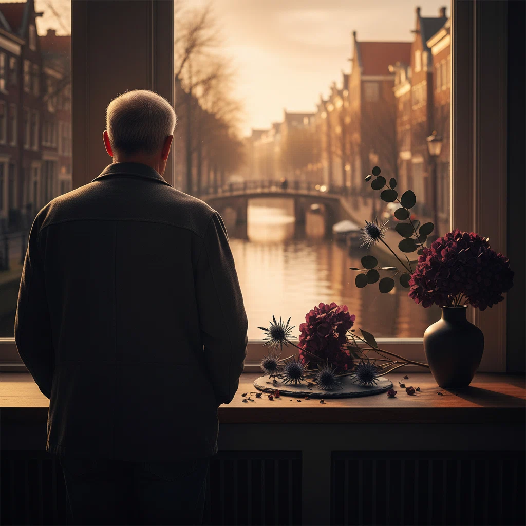 Anonieme oudere man van achteren kijkend over Amsterdamse gracht bij gouden uur