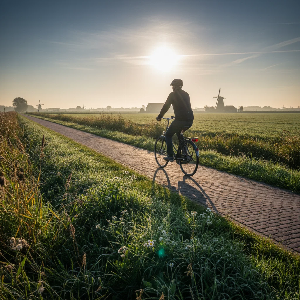 Anonieme man van achteren fietsend op een Nederlands fietspad door groen polderlandschap, actieve leefstijl
