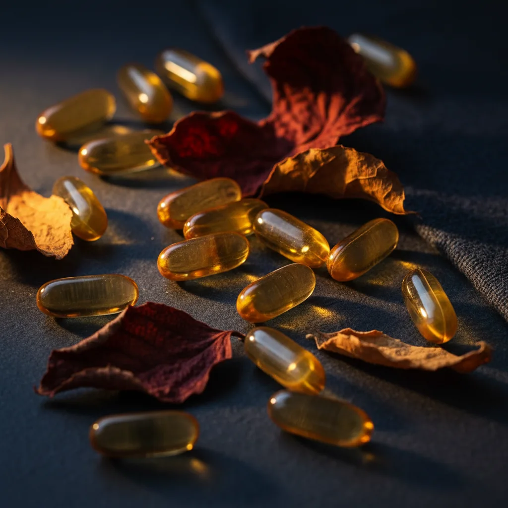 Barnsteen supplementcapsules met botanische bladeren op donkerblauwe achtergrond