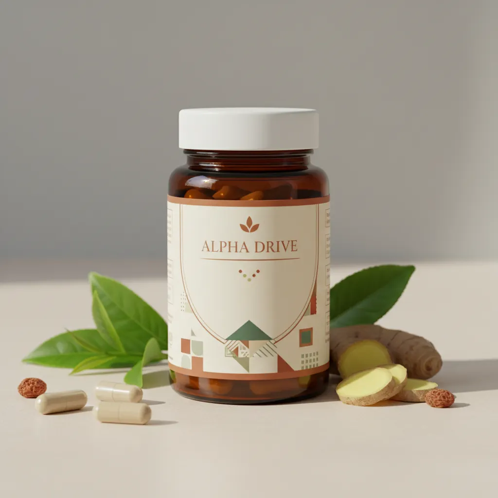 Alpha Drive donkerblauwe supplementenpot met witte label en goudkleurige sierrand op witte achtergrond